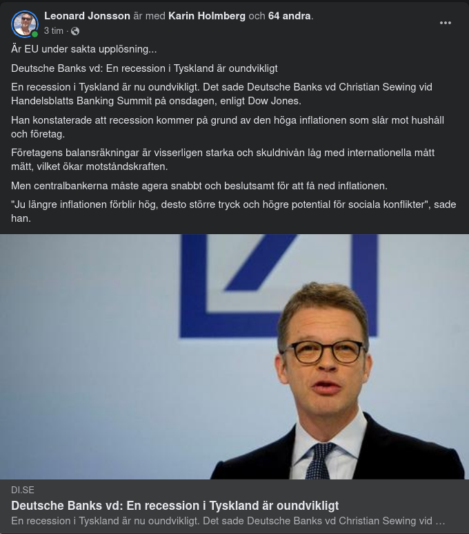 Oundviklig Tysk Recession Tack Vare Inflationen Säger Deutsche Banks VD