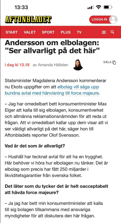 Statsministern Ser Allvarligt På Elbolagens Åberopan Av Force Majeure