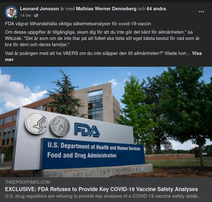 FDA Vägrar Tillhandahålla Säkerhetsanalyser För Covid-19 Vaccin