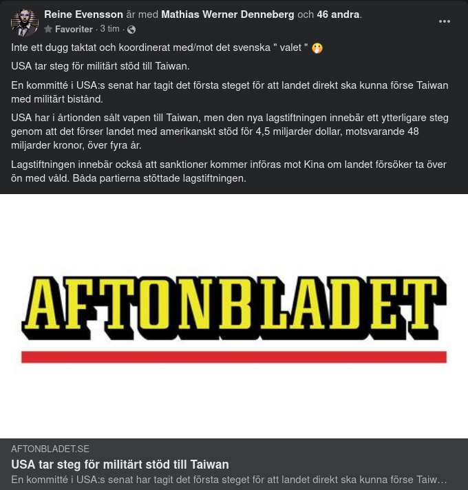 USA & Militärt Stöd Till Taiwan