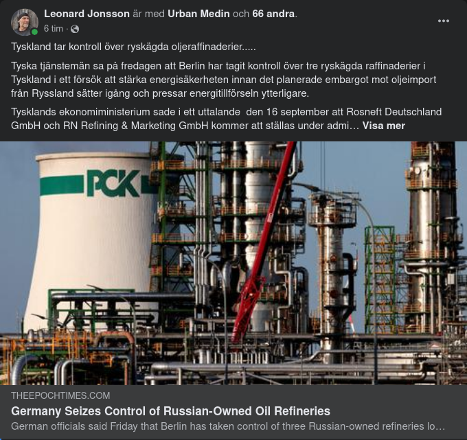 Tyskland Tar Kontroll Över Ryskägda Oljeraffinaderier