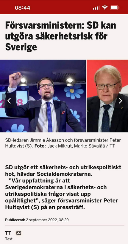 SD Möjlig Säkerhetsrisk För Sverige Säger Hultqvist