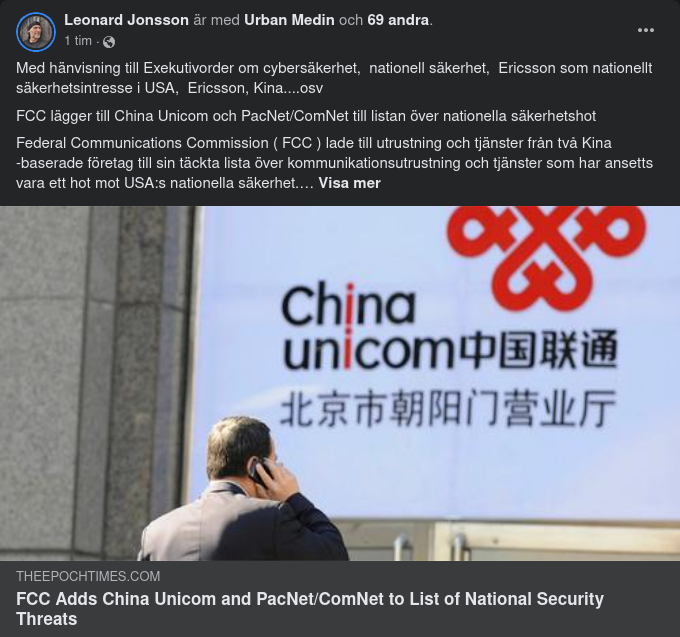 Två Kinesiska Kommunikationsbolag Till På USA:s Lista Av Nationella Säkerhetshot