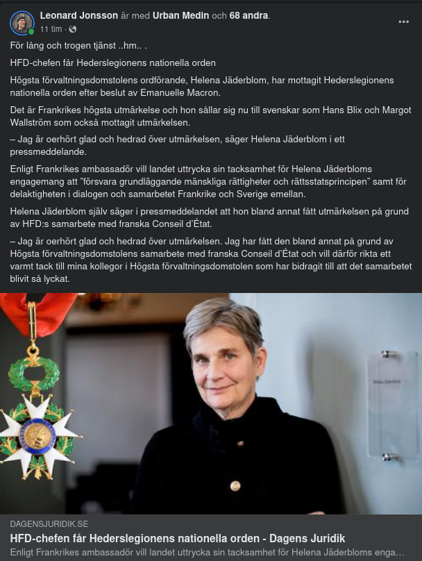 Hederslegionen Till HDF-Chef Helena Jäderblom