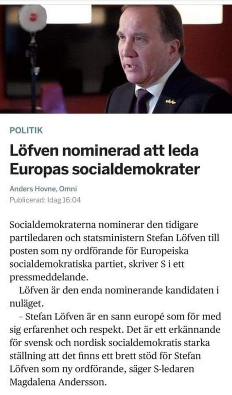 Löfven Nominerad Till Ordförande För Europas Socialdemokrater