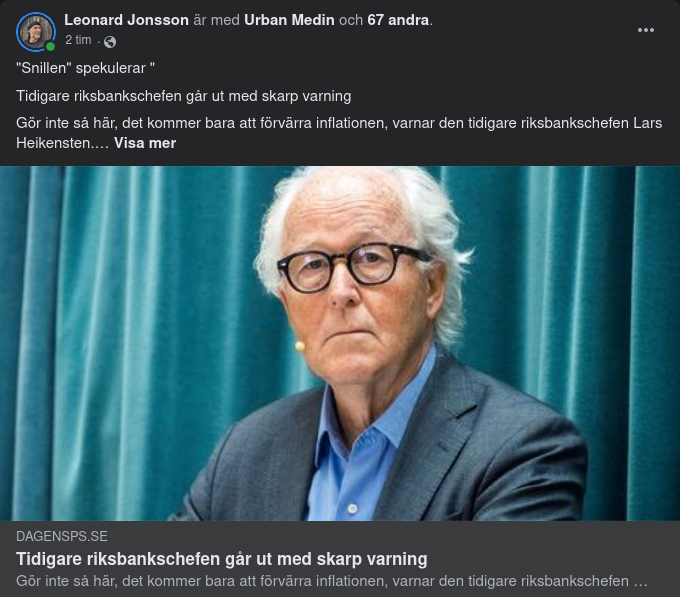 Tidigare Riksbankschef Heikensten Varnar Skarpt