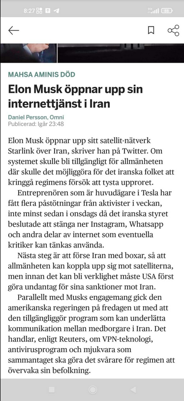 Musk Öppnar Starlink För Iran