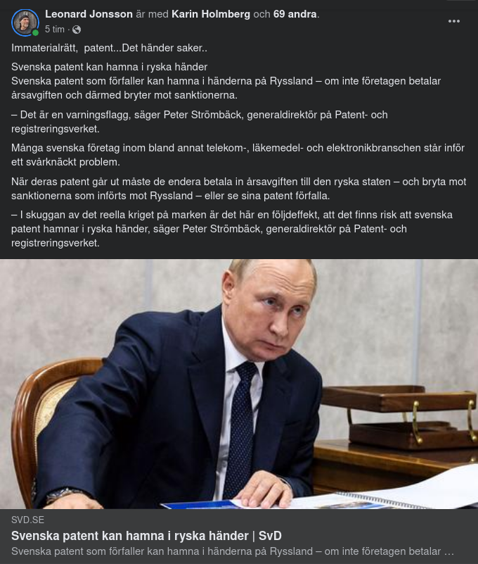 Svenska Patent Sanktionerade Till Ryska Händer?