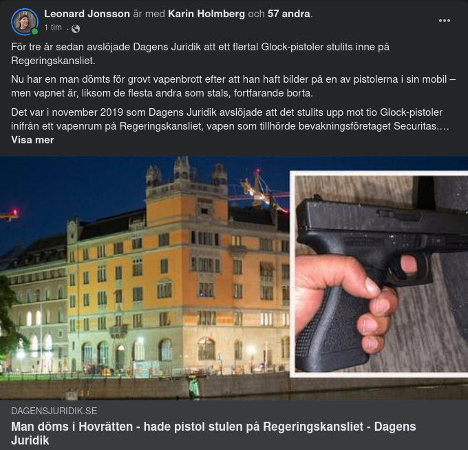 Dömd För Innehav Av Glock-Pistol Stulen På Regeringskansliet