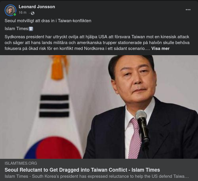 Sydkorea Motvilligt Till Att Bli Indragen I Taiwan-Konflikt