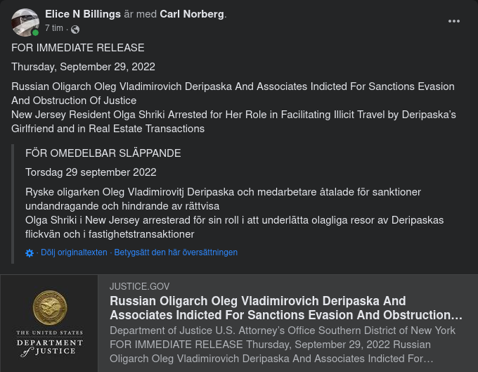 Deripaska & Medarbetare Åtalade USA