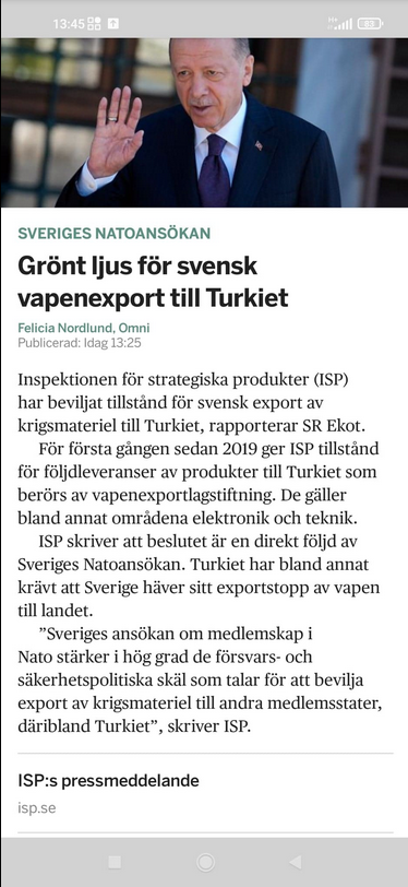 Svensk Vapenexport Till Turkiet Grönljusat Av ISP