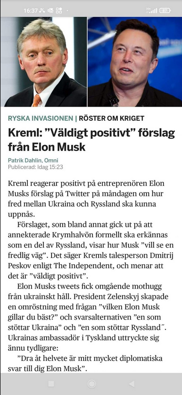 Kreml Väldigt Positiva Till Förslag Från Musk