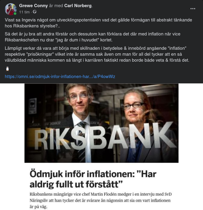Långvarige Vice Riksbankschef Flodén Inflationsoförstående
