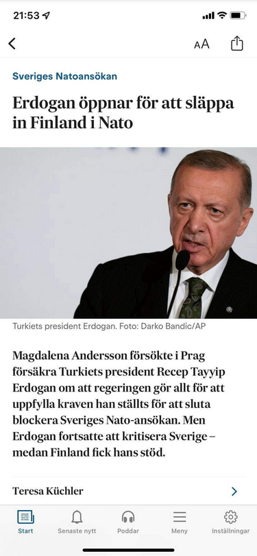 Erdoğan Stöder Finlands Nato-Ansöken