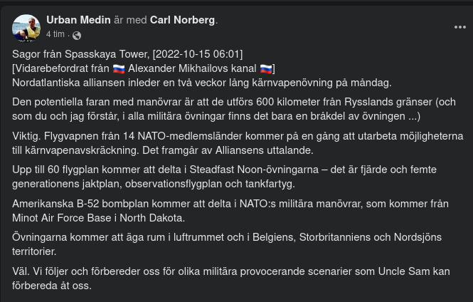 Nato Inleder Två Veckors Kärnvapenövning På Måndag