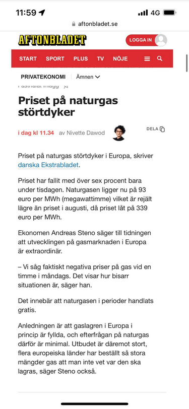 Störtdykande Naturgaspris