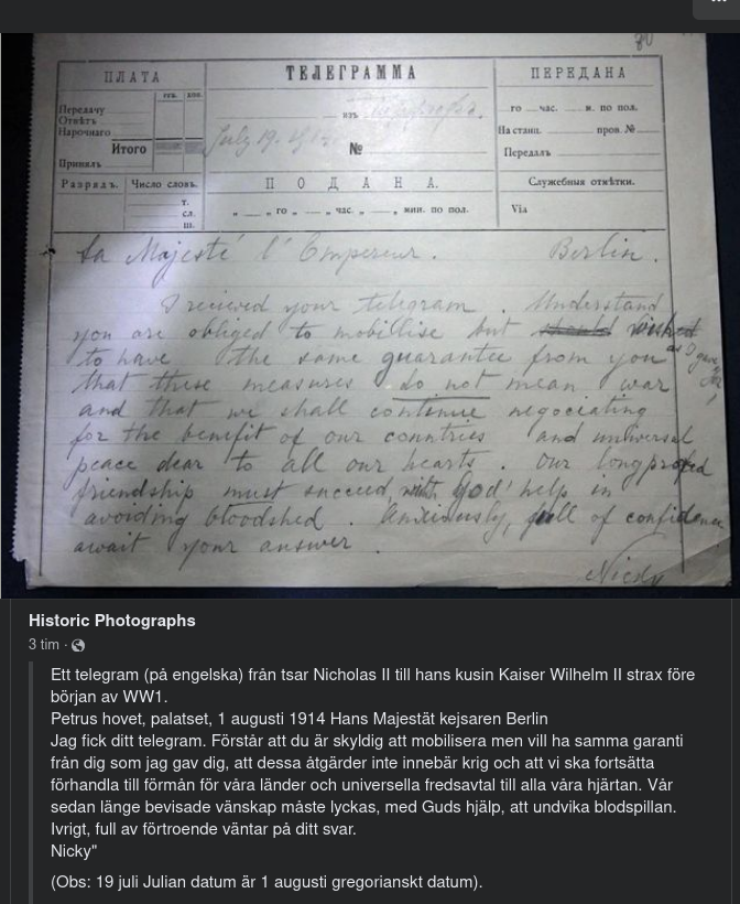 Telegram Strax Innan WWI Utbröt