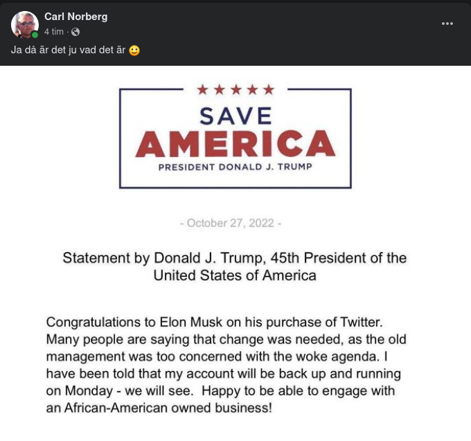 Trump Gratulerar Twitterköpande Musk