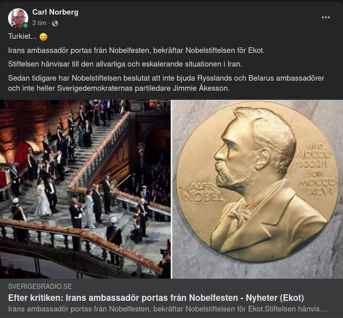 Nobelfesten Portar Irans Ambassadör