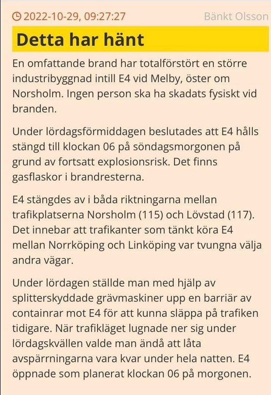 Industribyggnadsbrand Stängde E4