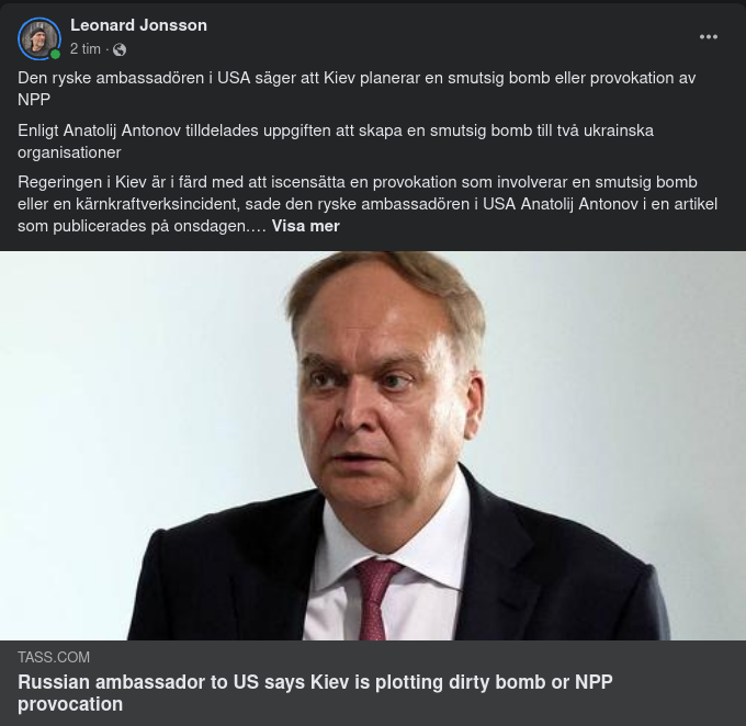 Ryske Ambassadören I USA Om Kiev-Planer På Smutsig Bomb Eller Kärnkraftverksincident