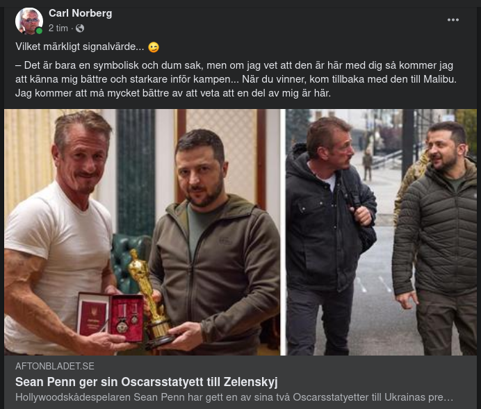 Zelensky Får Oscarsstatyett Av Sean Penn