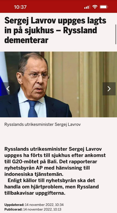 Lavrov Inlagd På Sjukhus I Fake News
