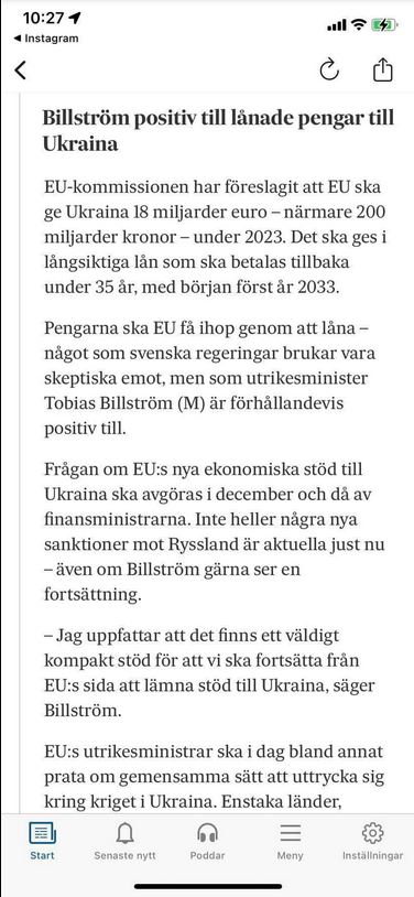 Positiv Billström Angående Lånefinansierat Ukrainastöd