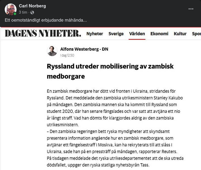 Fängslad Zambier Död I Rysk Krigstjänst