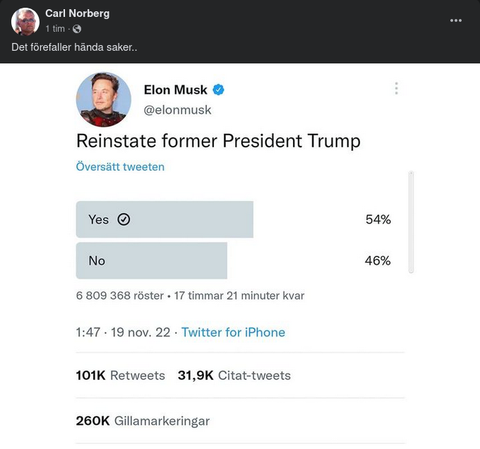 Musk Anordnar Twitterröstning Om Trump