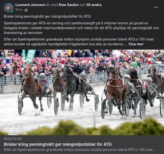 Penningtvättsbrister Ger ATG Mångmiljonböter