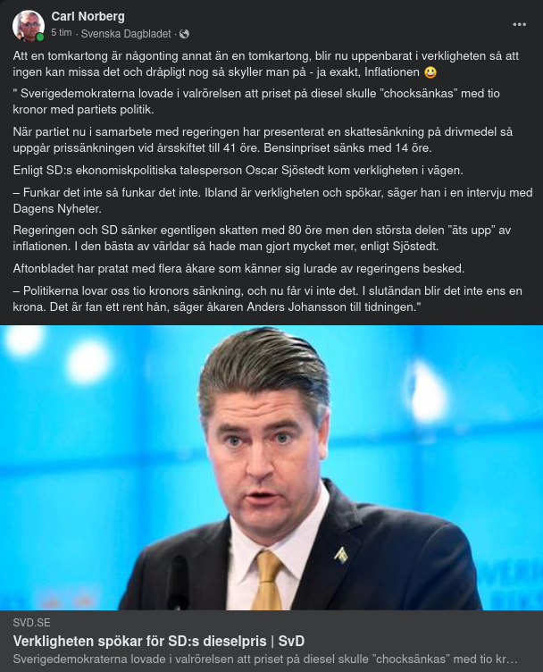 En Tomkartong, SD, Dieselpriset & Inflationen