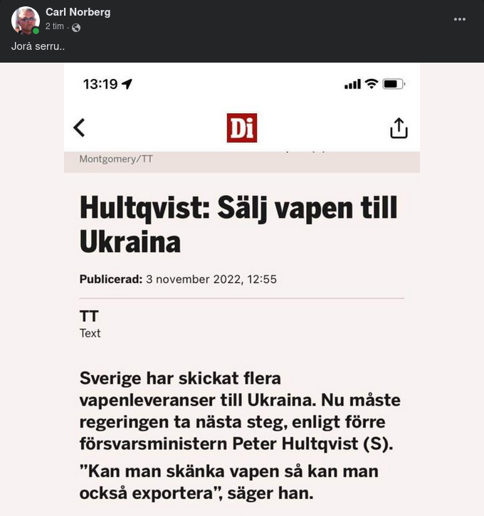 Hultqvist Vill Sälja Vapen Till Ukraina - Inte Bara Skänka