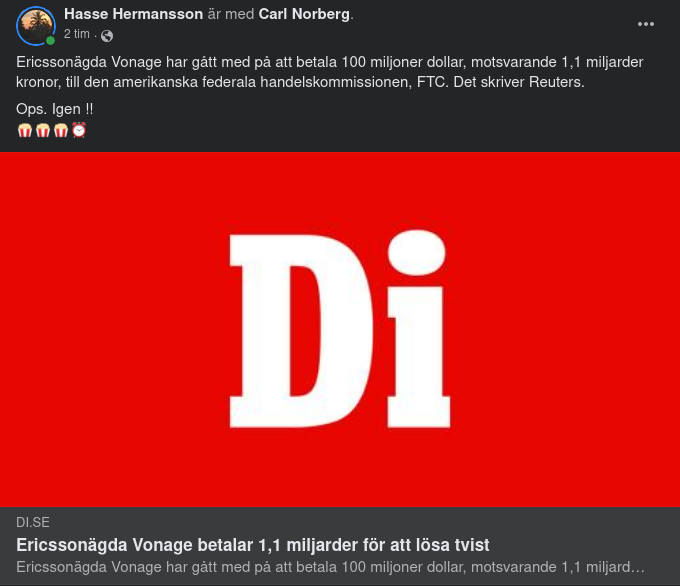 Ericssonägda Vonage Betalar 100 Miljoner Dollar