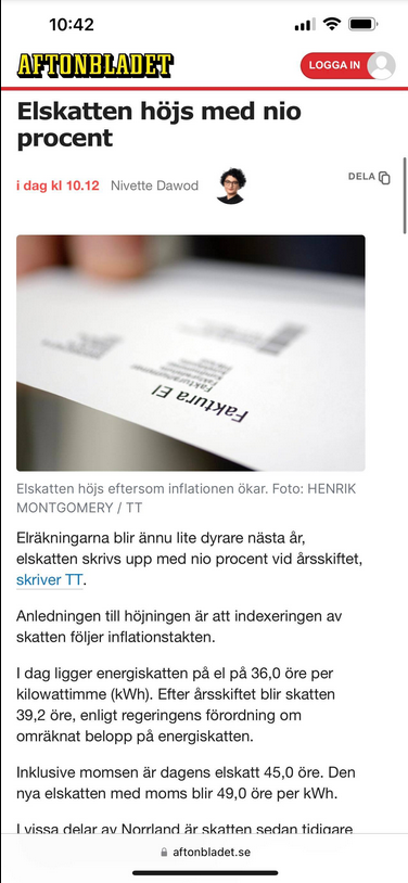 Inflationsmotiverad Elskattshöjning