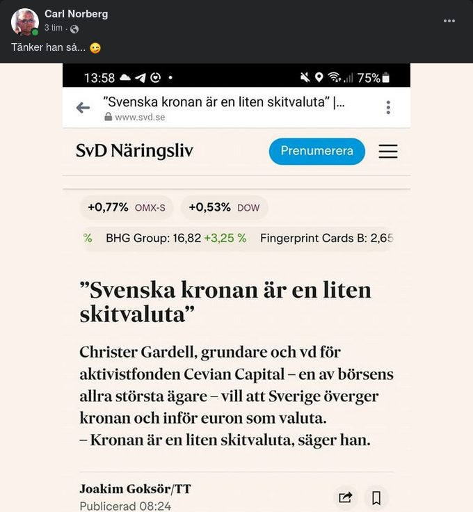 Gardell Vill Se Euron Före Kronan