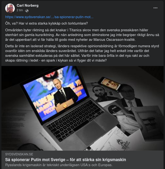 Spioneringskrigsmaktsstärkande Putin I Sydsvenskan