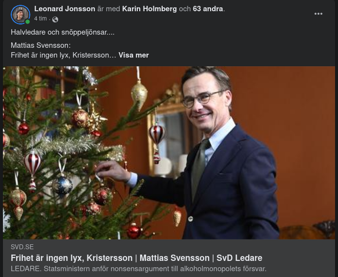 Om Barnhandlaren, Frihet & Alkoholmonopolet  I SvD