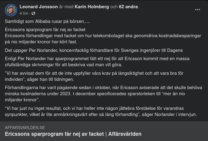 Fastkörda Fackförhandlingar För Ericssons Sparprogram