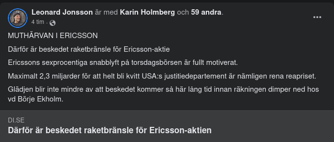 Aktieglädjande Avsättning Av Ericsson För IS-Härva