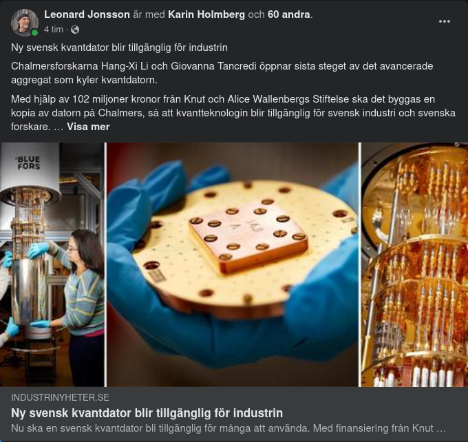 Industritillgänglig Svensk Kvantdator På G