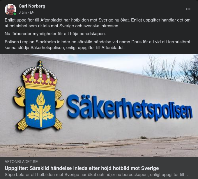 Särskilda Händelsen Doris Terroristbrottsstödjande För Säpo