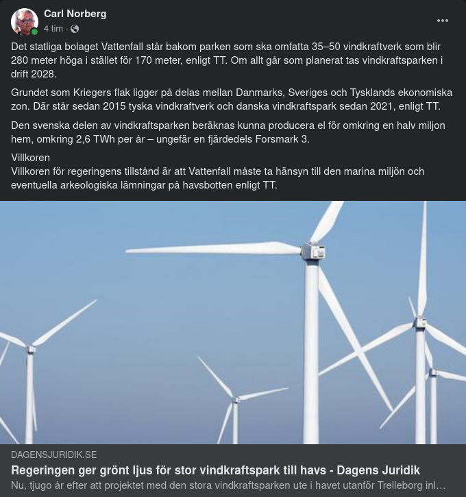 Regeringsklart För Vattenfallshavsvindskraftspark