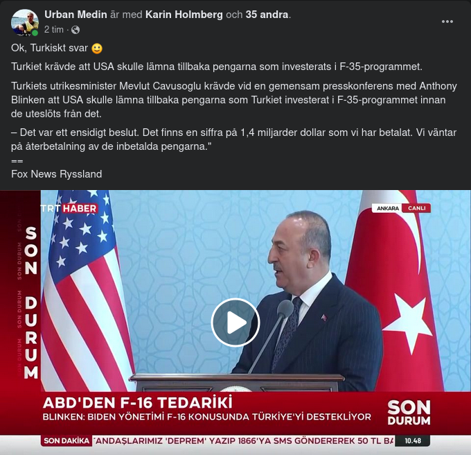 Turkiet Förväntar Sig Ekonomisk F-35 Återbetalning