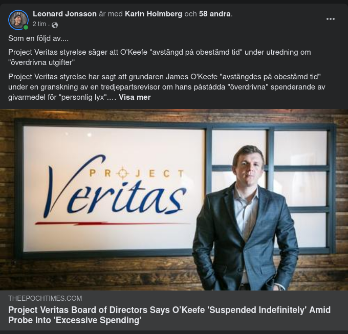 Project Veritas Stänger Av O'Keefe På Obestämd Tid