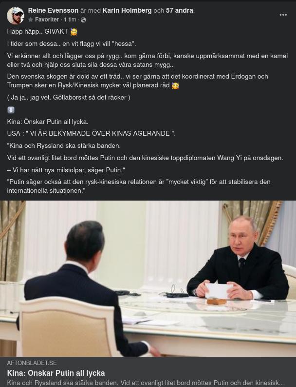 Aftonslasket Noterar Att Kina Lyckönskar Putin Vid Ovanligt Litet Bord