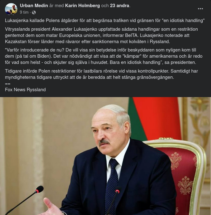 Lukasjenko Om Polsk Gränstrafiksbegränsning