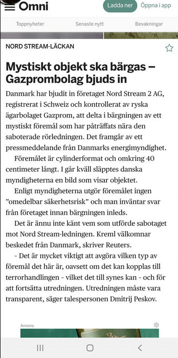 Schweiziskt Gazprombolag Inbjudet Att Bärga Mystiskt Objekt Vid Nord Stream