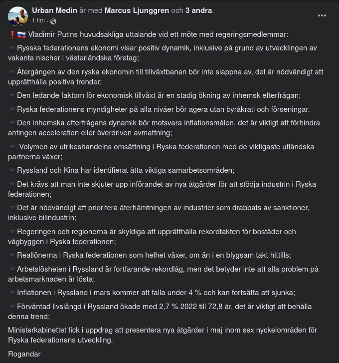 Putin Informerar Vid Regeringsmedlemsmöte
